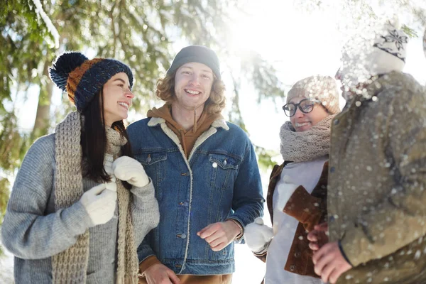 Grupa Beztroskiej Młodych Ludzi Korzystających Chodzić Pięknym Zimowym Lesie Wakacjach — Zdjęcie stockowe