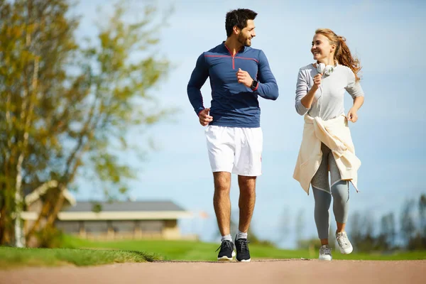 Amorous Young Couple Activewear Running Rural Environment Sunny Day — Stock Photo, Image