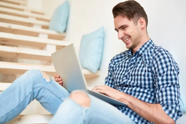 Young Laughing Student Designer Sitting Staircase Laptop Front Searching Net — Stock Photo, Image
