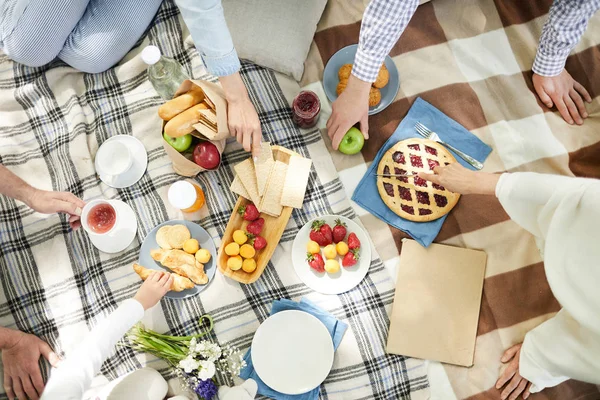 Aperçu Nourriture Pique Nique Servie Sur Nappe Plusieurs Humains Prenant — Photo