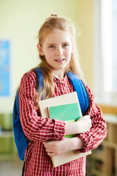 Smiling Pretty Pupil Checkered Shirt Holding Satchel Books While Standing — Stock Photo, Image