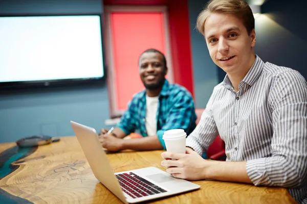 Portrait Young Businessman Sitting Laptop Cup Coffee Conference Together His — Stock Photo, Image