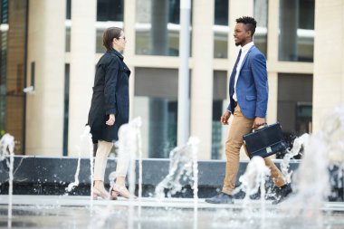 Şehrin ortasında, iş saatinin ortasında çeşmelerin yanında yürüyen zarif genç insanlar.