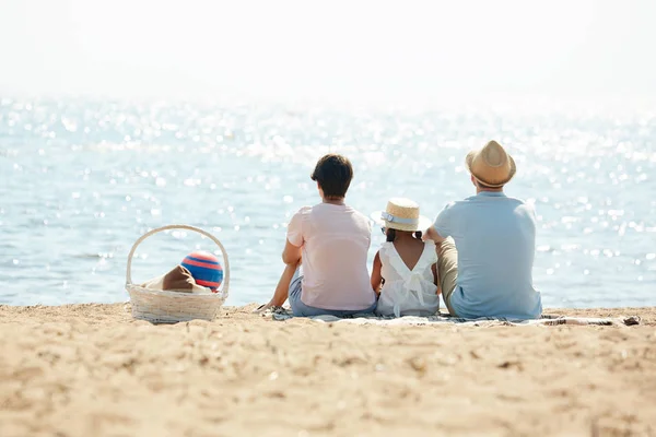 Back View Porträtt Lycksalig Modern Familj Sitter Stranden Och Tittar — Stockfoto