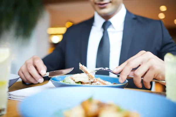 Close Businessman Business Lunch Restaurant Sitting Table Eating Salad Holding — Stock Photo, Image