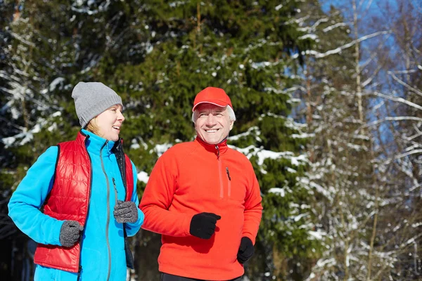 Aktiv Mogen Makar Sportkläder Kör Vintern Skog Och Talar — Stockfoto