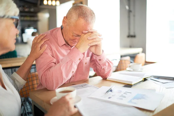 Aged Frustrated Businessman Touching His Forehead While Leaning Papers Table — Stock Photo, Image