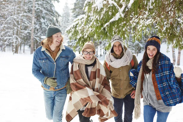 Група Молодих Людей Біжить Камери Зимовому Лісі Сміється Щасливо Насолоджуючись — стокове фото
