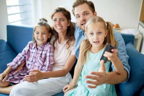 Modern Family Mother Father Two Cute Daughters Sitting Sofa Watching — Stock Photo, Image