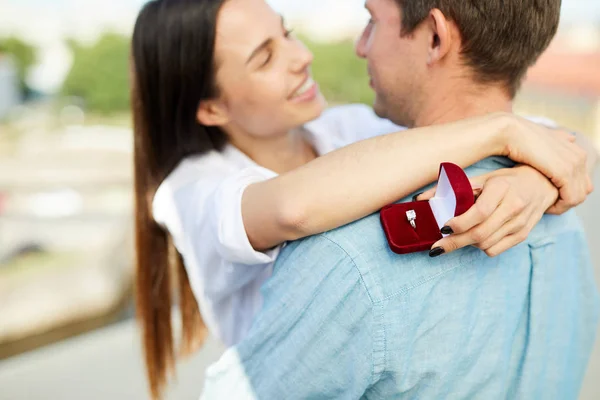 Close Happy Young Woman Hugging Boyfriend Looking Love Him While — Stock Photo, Image