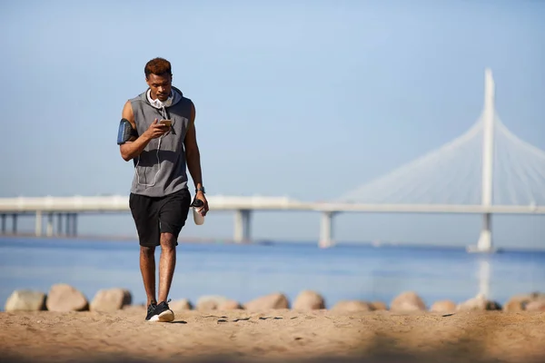 Serious Handsome Young Black Guy Headphones Neck Texting Sms While — Stock Photo, Image