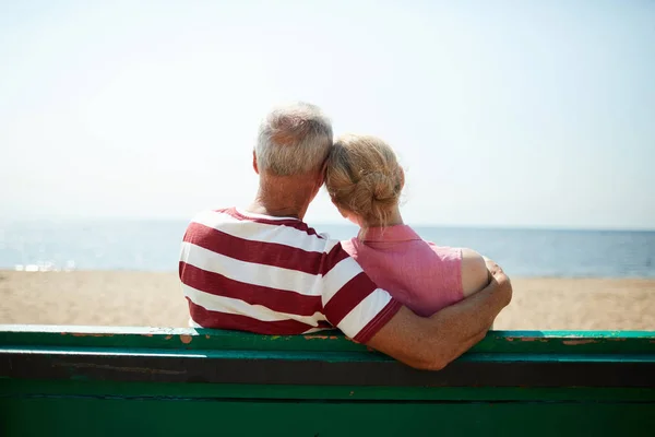 Back view of senior affectionate couple sitting on bench by waterside on hot summer day