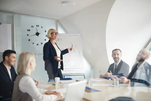 Reifer Coach Steht Whiteboard Und Diskutiert Mit Einer Gruppe Von — Stockfoto