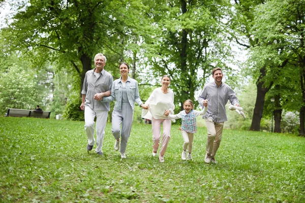 夏の公園の木々の間で緑の草の上を走る陽気でエネルギッシュな家族 — ストック写真