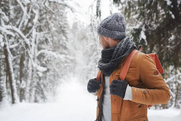 Pensive Young Male Backpacker Knitted Hat Scarf Holding Handles Backpack — Stock Photo, Image