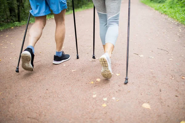 Legs Mature Active Couple Walking Road Park Trekking Workout — Stock Photo, Image