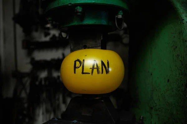 Plan Form Yellow Inflated Ball Two Parts Industrial Machine Symbolizing — Stock Photo, Image