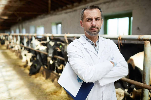 Jovem Agricultor Profissional Sério Whitecoat Cruzando Braços Peito Durante Trabalho — Fotografia de Stock