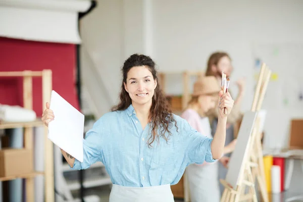 Excited Girl Paintbrushes Notepad Celebrating Her Success Painting — Stock Photo, Image