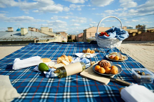 Picnic Moderno Con Vino Sul Tetto Plaid Quadretti Blu Con — Foto Stock