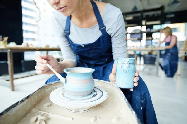 Female Potter Jar Blue Color Sitting Rotating Clay Jug Painting — Stock Photo, Image