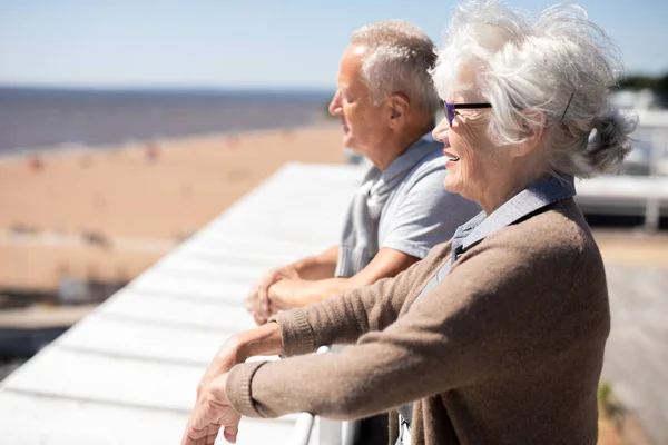 Gråhåriga Seniorer Står Räcken Och Tittar Seaside Sommaren Resort — Stockfoto