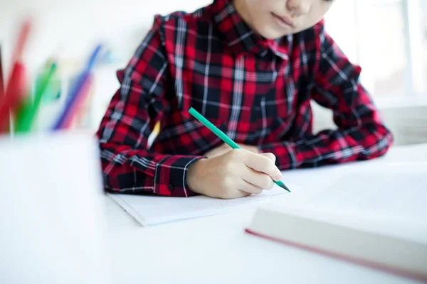 Youthdul Schoolgirl Green Crayon Drawing Copybook Paper While Sitting Desk — Stock Photo, Image