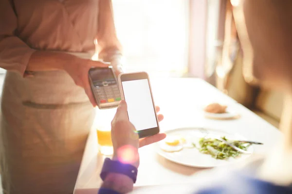 Close Man Opening Smartphone App Online Payment Waitress Holding Payment — Stock Photo, Image