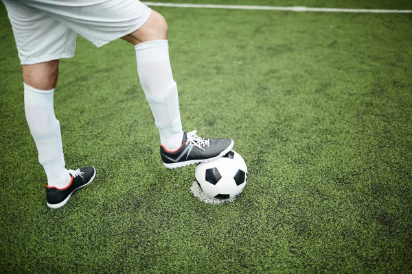 Young Soccer Player Standing Green Football Field His Right Foot — Stock Photo, Image