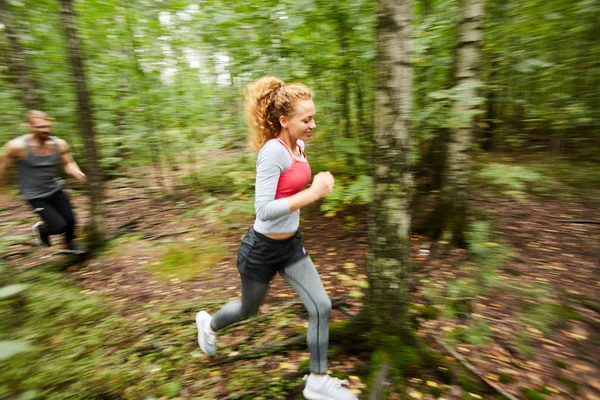 Young Active Female Her Boyfriend Running Birch Tree Forest Blurry — Stock Photo, Image