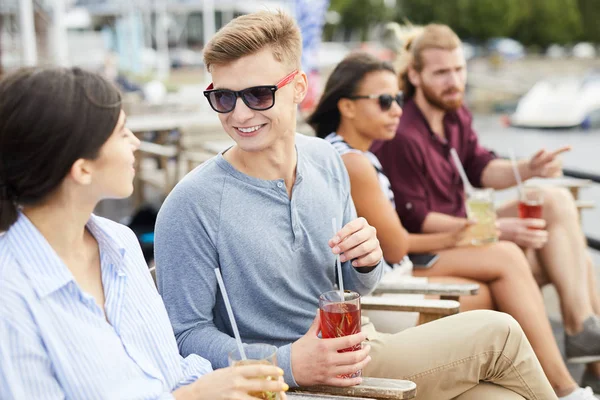 Smiling Guy Sunglasses Having Drink While Talking His Girlfriend Summer — Stock Photo, Image