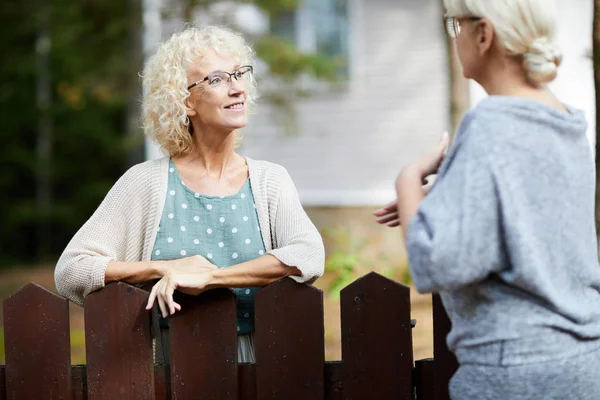 两个成熟的女性邻居通过栅栏谈论日常生活的东西 — 图库照片