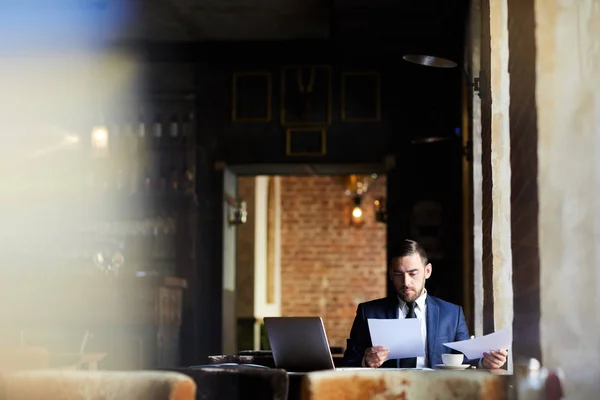 Serious Concentrated Handsome Business Analyst Formal Jacket Examining Report Reading — Stock Photo, Image