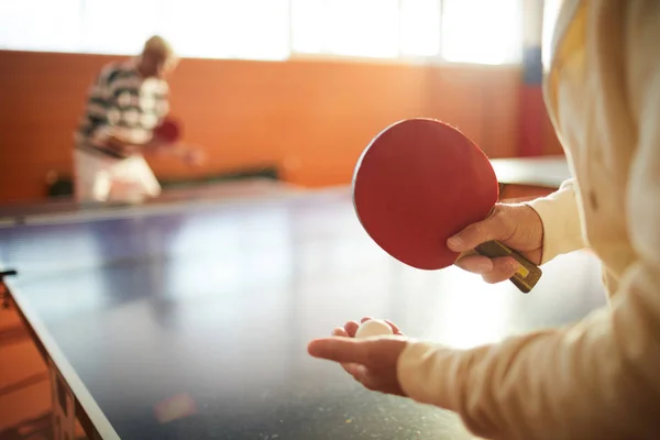 Mature Tennis Player Holding Equipment While Standing Large Table Another — Stock Photo, Image