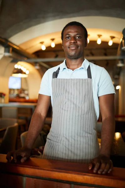 Young African American Waiter Workwear Standing One Tables Restaurant — ストック写真