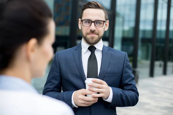 Back View Lady Standing Front Young Handsome Male Business Costume — Stock Photo, Image