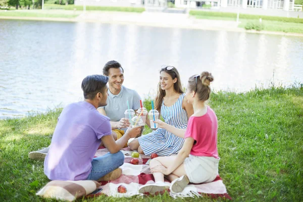 Cuatro Jóvenes Con Bebidas Reunieron Para Hacer Picnic Junto Agua —  Fotos de Stock