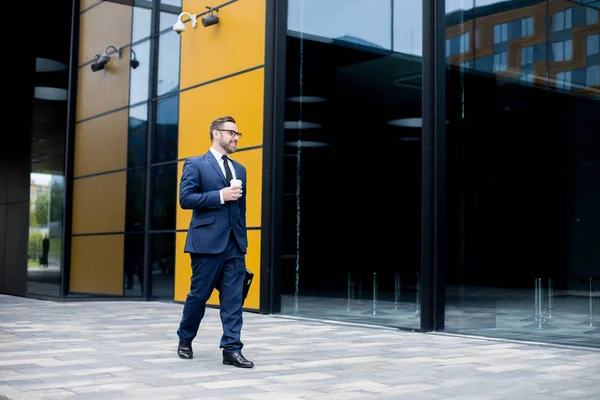 Young Handsome Laughing Male Business Dress Eyeglasses Going Office Block — Stock Photo, Image