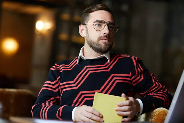 Pensive Bearded Man Eyeglasses Sitting Cafe Making Ideas New Work — Stock Photo, Image