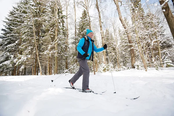 Veroudering Van Actieve Sporter Skiën Beneden Skipiste Winter Bos Frosty — Stockfoto