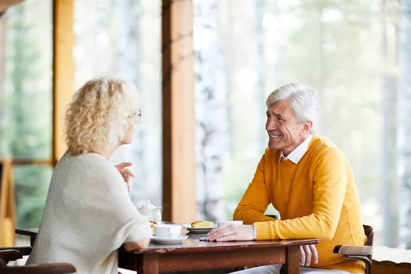 Fröhliches Seniorenpaar Sitzt Tisch Auf Der Veranda Seines Landhauses Und — Stockfoto