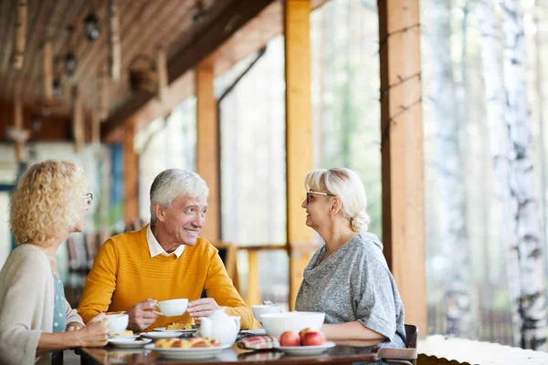 Gruppe Freundlicher Senioren Freizeitkleidung Unterhalten Sich Bei Einer Tasse Tee — Stockfoto