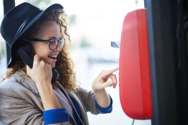 Young Stylish Female Holding Phone Receiver Her Ear While Dialing — Stock Photo, Image