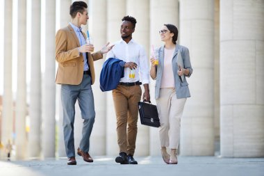 Yaz günü sokakta yürüyen ve konuşan formalgiyim genç kültürlerarası yöneticiler grubu