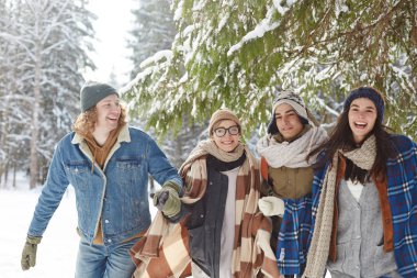 Noel tatilinde zamanın tadını çıkarırken kışın kameraya doğru koşan bir grup mutlu genç