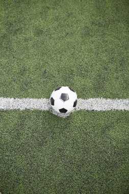 Futbol topu yeşil futbol sahası üzerinde beyaz çizgi merkezinde genel bakış