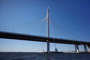 Büyük şehirde nehri geçen bükülmüş çelik tel halatlar ile güzel kentsel yüksek köprü