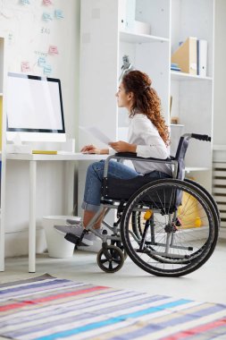 Tekerlekli sandalyede oturan genç yaratıcı tasarımcı bilgisayar monitörü ve ağı önünde