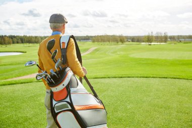 Sportif çanta ve geniş yeşil oyun alanının önünde duran kulüplerin demet ile olgun golfçü arka görünümü