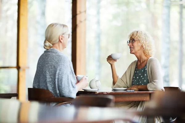 Две Свободные Зрелые Женщины Сидят Кафе Разговаривают Расслабляются Пьют Чай — стоковое фото
